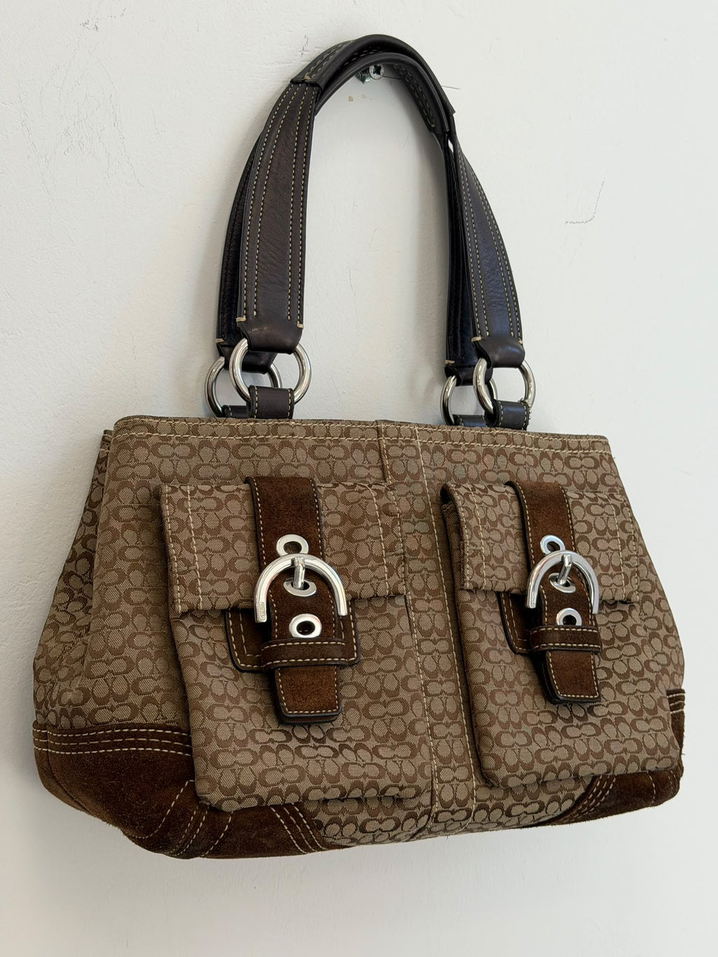 Vintage Coach Signature Soho Buckle Satchel Bag  Brown Canvas & Suede