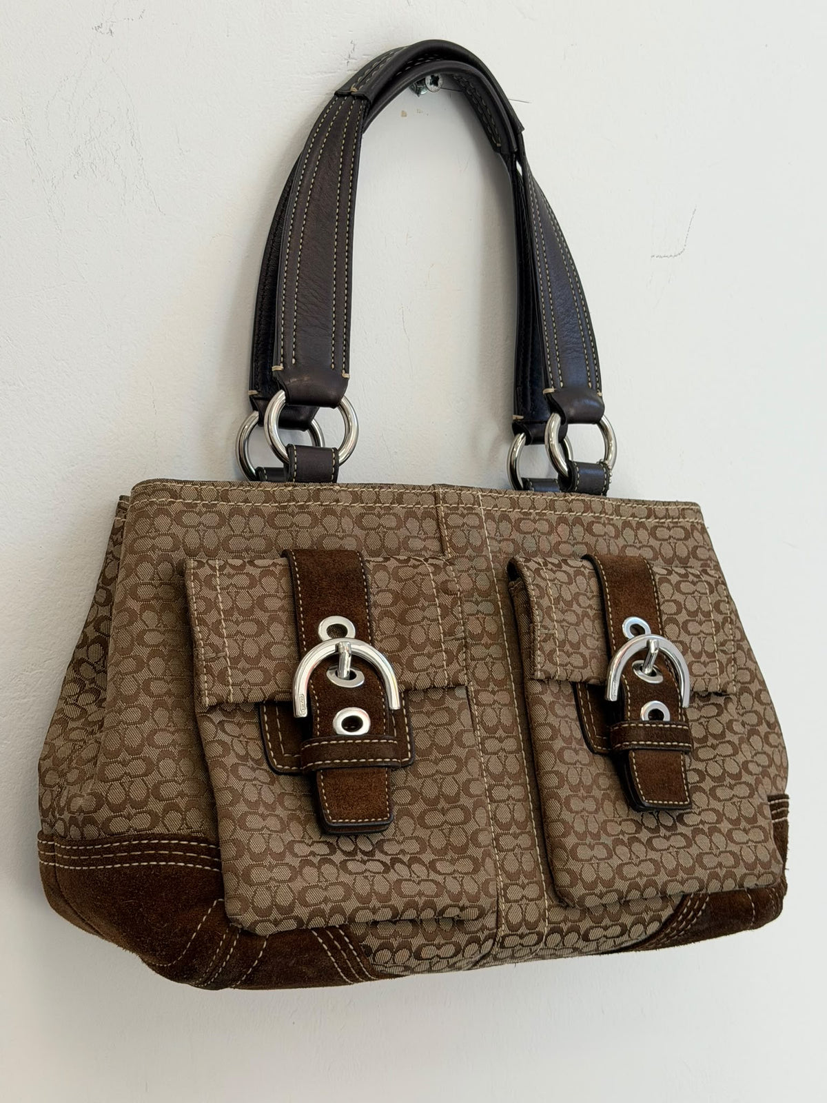 Vintage Coach Signature Soho Buckle Satchel Bag  Brown Canvas & Suede