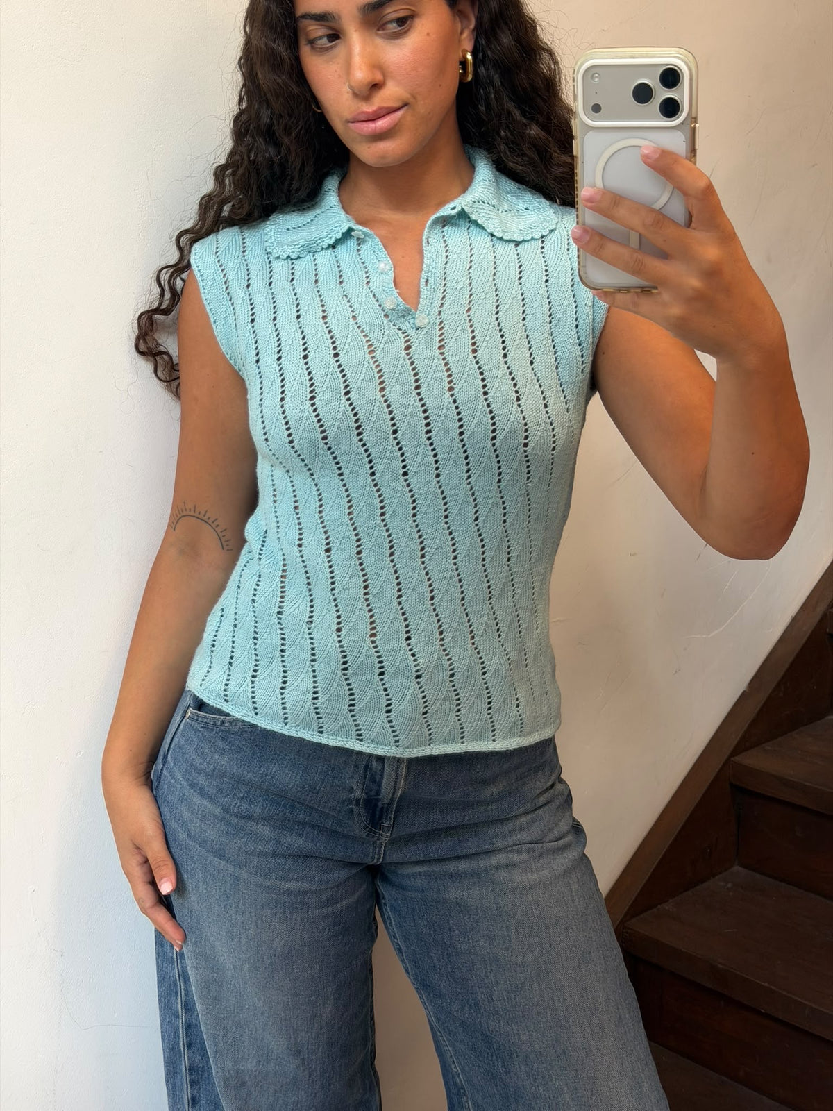 Light Blue Knit Sleeveless Polo Top Size M