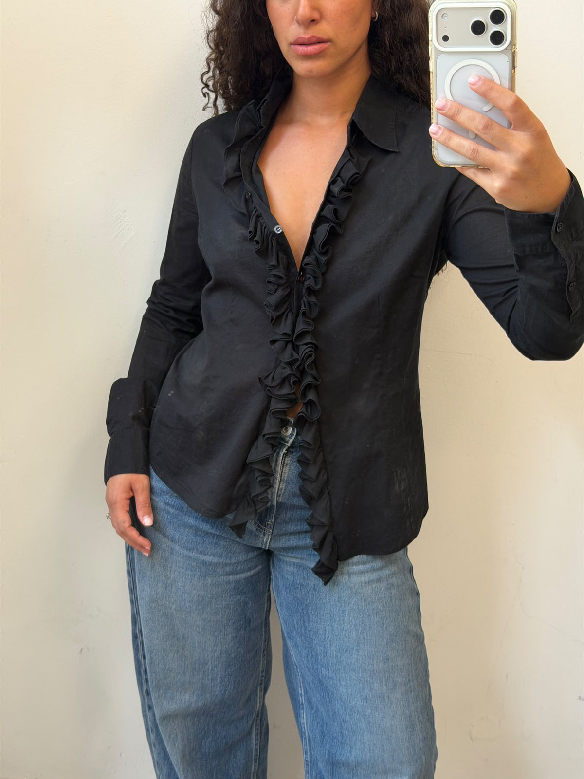 Black Button Up Shirt With Raffles Size M