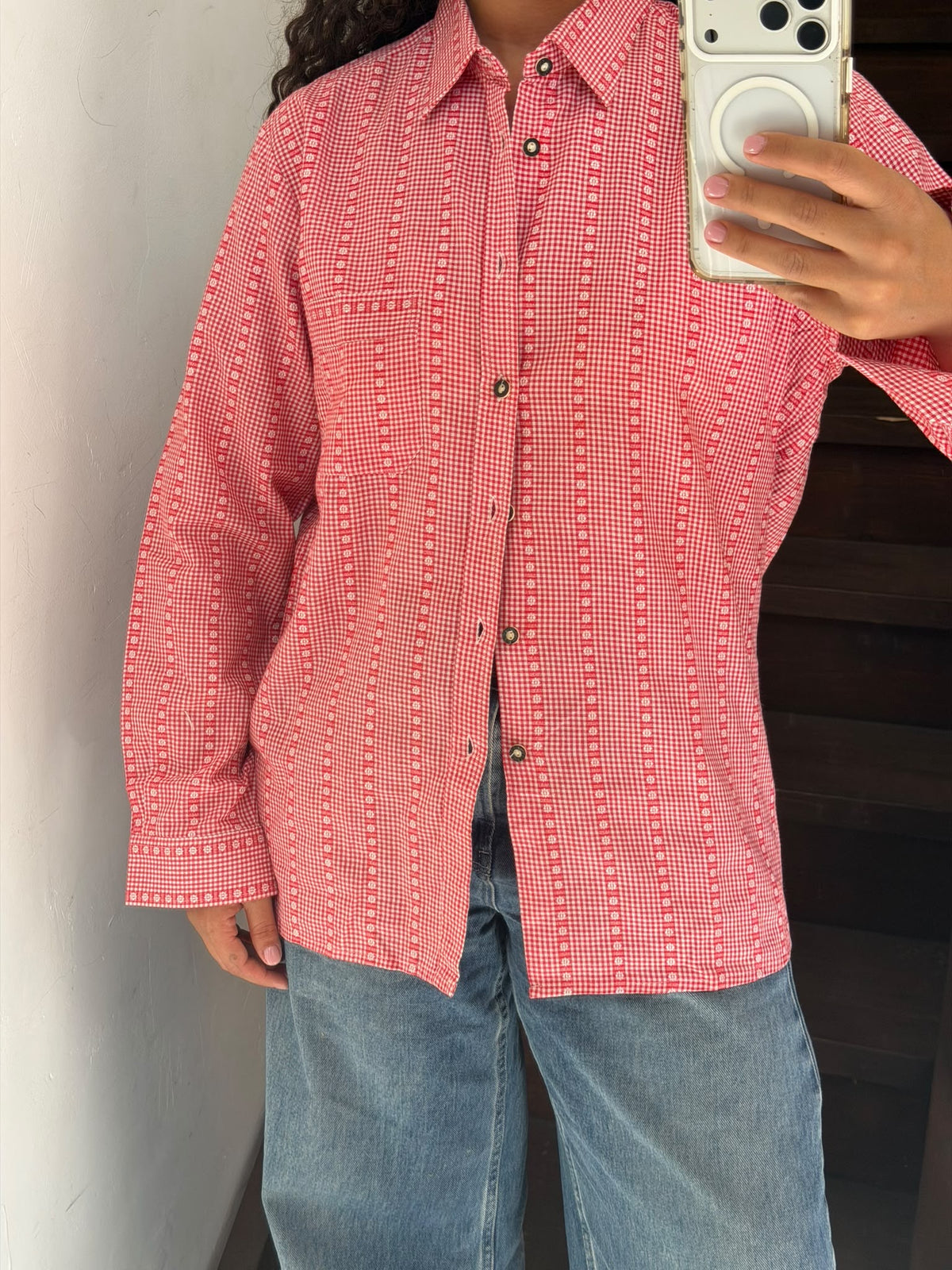 Red Floral Gingham Plaid Button Up Shirt Size L