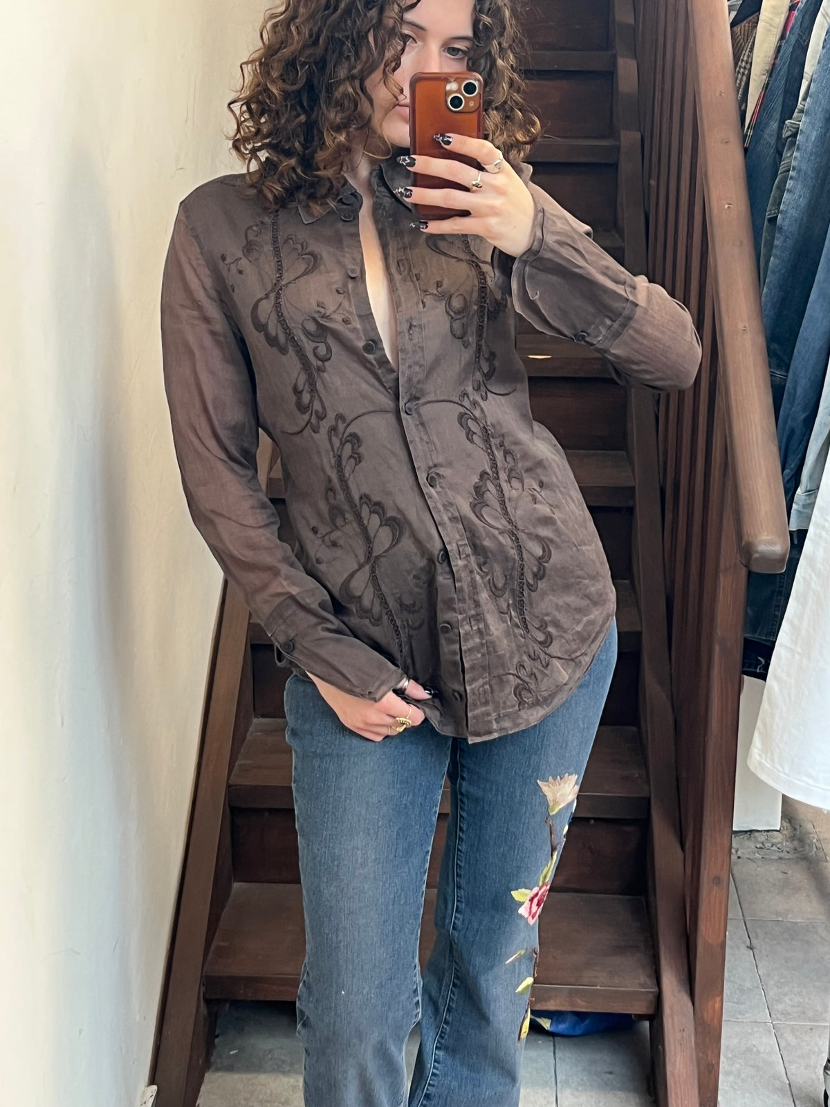 Brown Sheer Embroidered Blouse Button Up Long Sleeve Shirt Size S