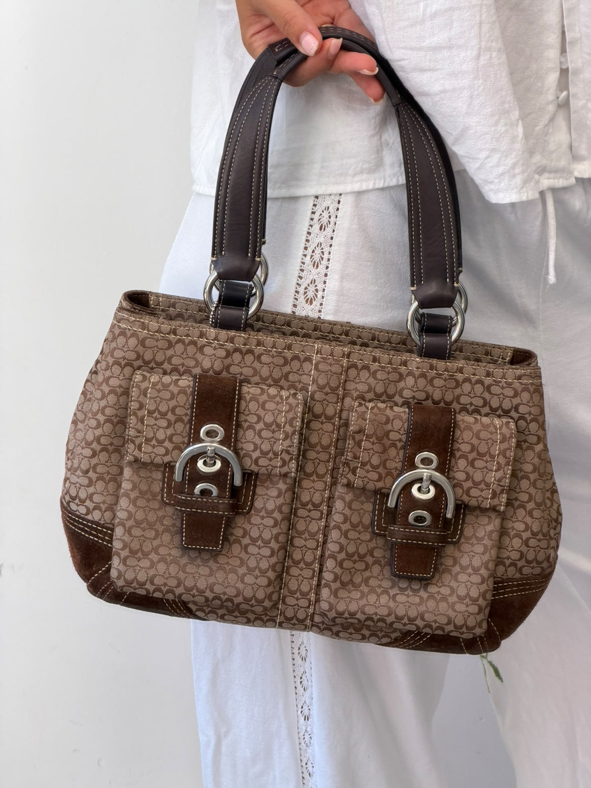 Vintage Coach Signature Soho Buckle Satchel Bag  Brown Canvas & Suede