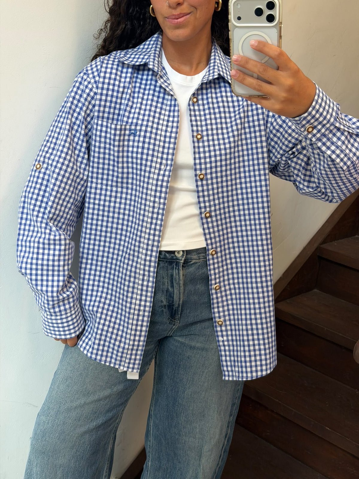 Blue and White Gingham Plaid Button-Down Shirt Size L