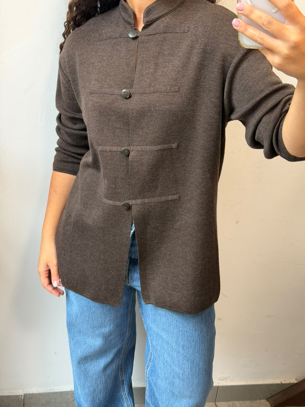 Brown Mandarin Collar Knit Jacket Button Cardigan Size L