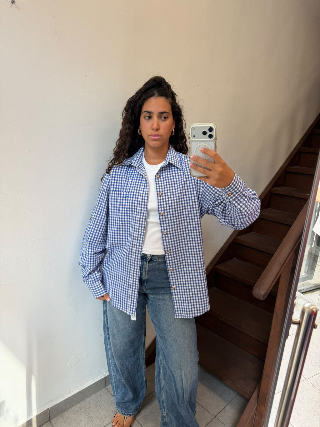 Blue and White Gingham Plaid Button-Down Shirt Size L