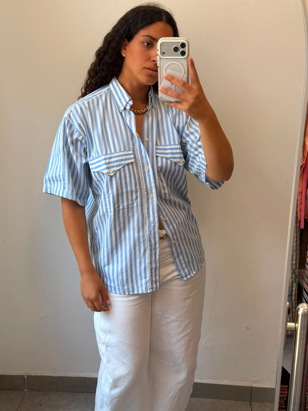 Striped Botton-up short sleeve shirt M-L