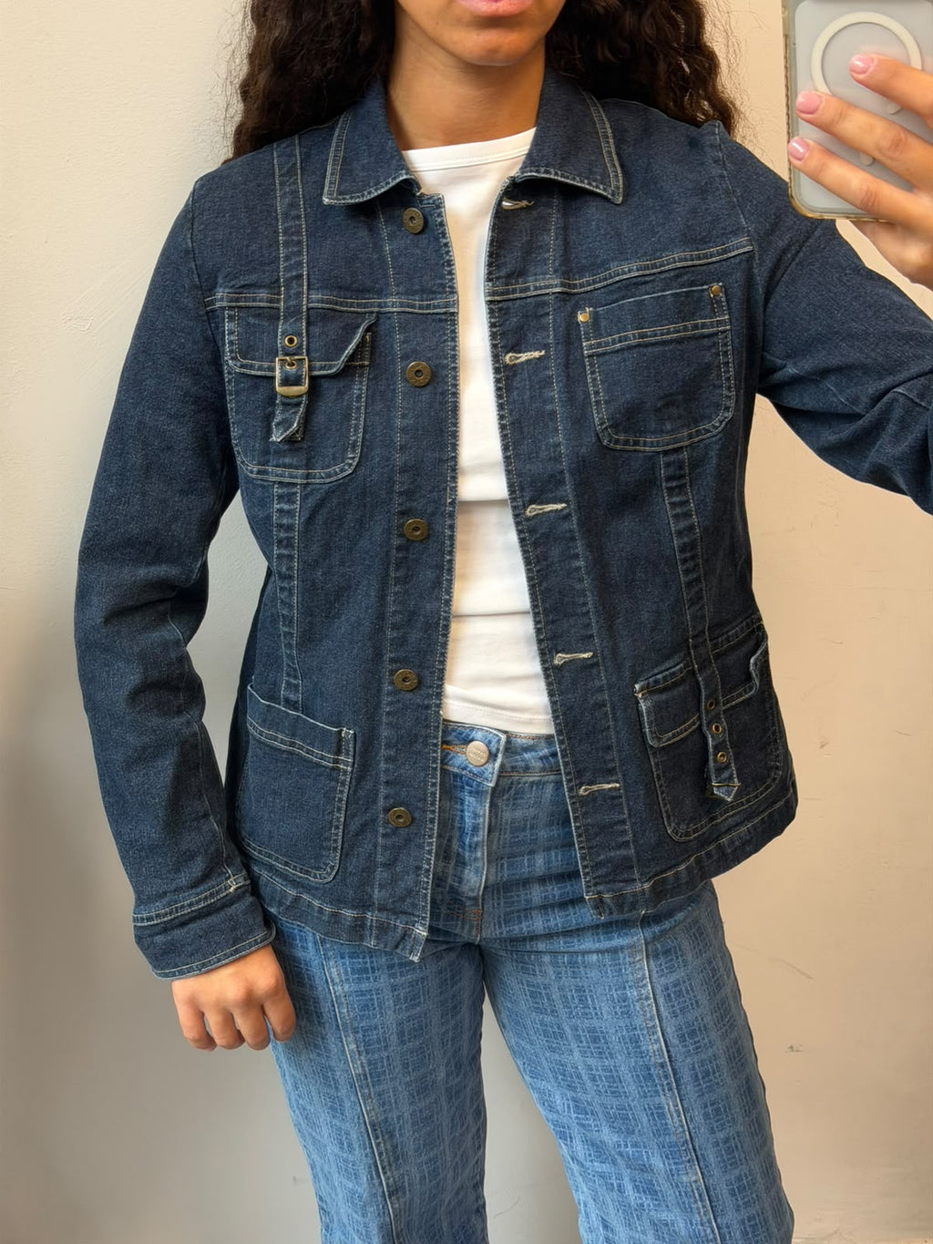 Dark Wash Denim Jacket Utility Multi Pocket Coat Size S