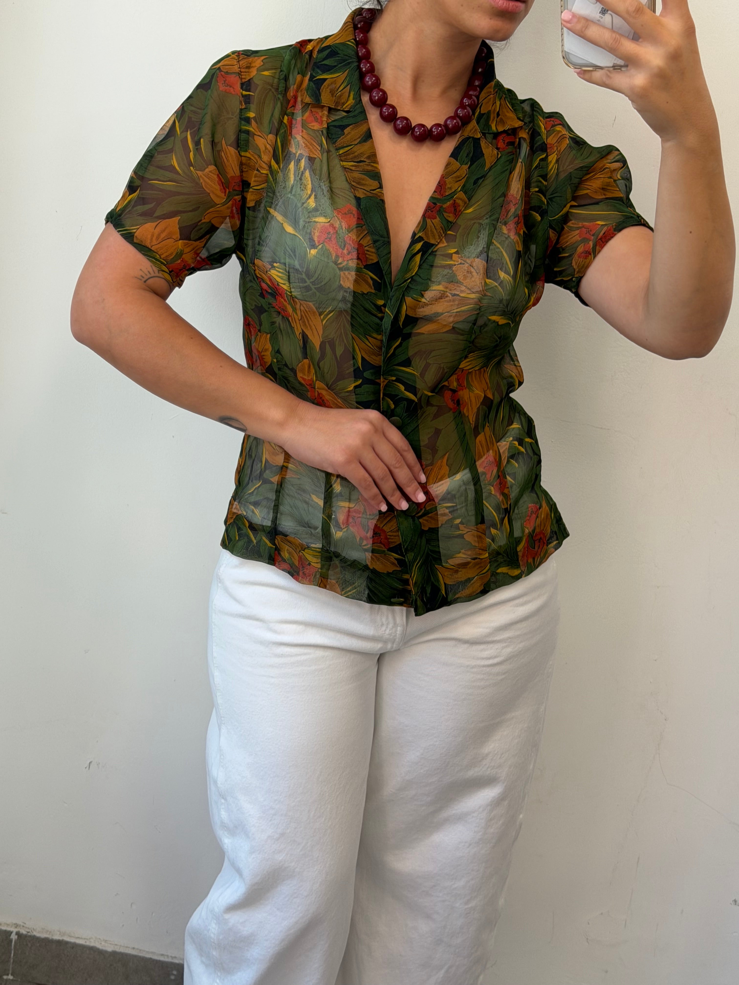 Flowery See-Through Botton-up Short Sleeve Shirt M-L