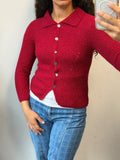 Red Knit Cardigan Button Up Collared Sweater Size Xs-S