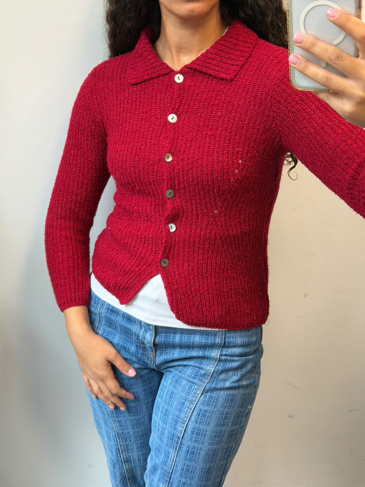 Red Knit Cardigan Button Up Collared Sweater Size Xs-S
