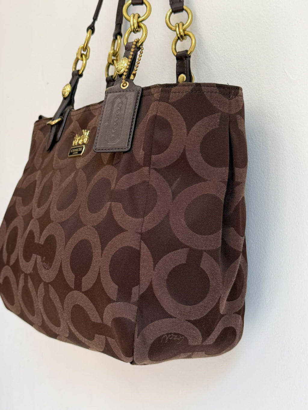 Vintage COACH Signature Tote Bag Dark Brown & Gold Hardware