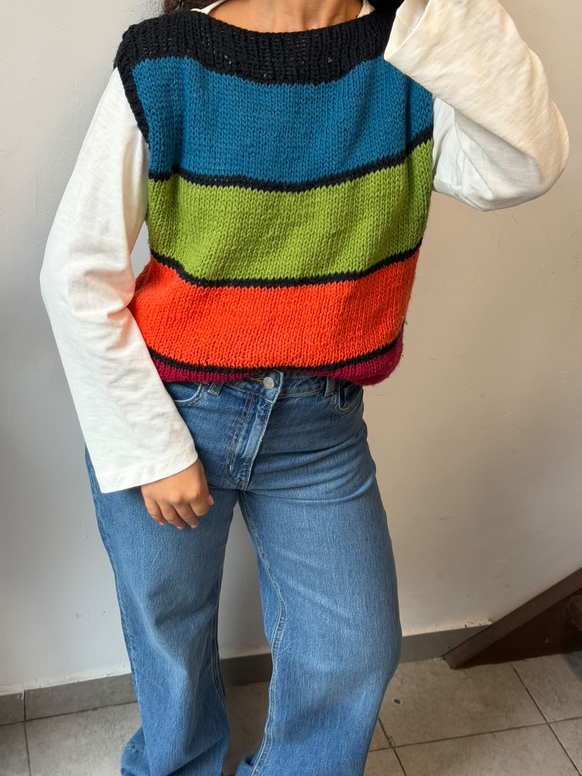Colorful Striped Knit Vest Sleeveless Sweater Size M