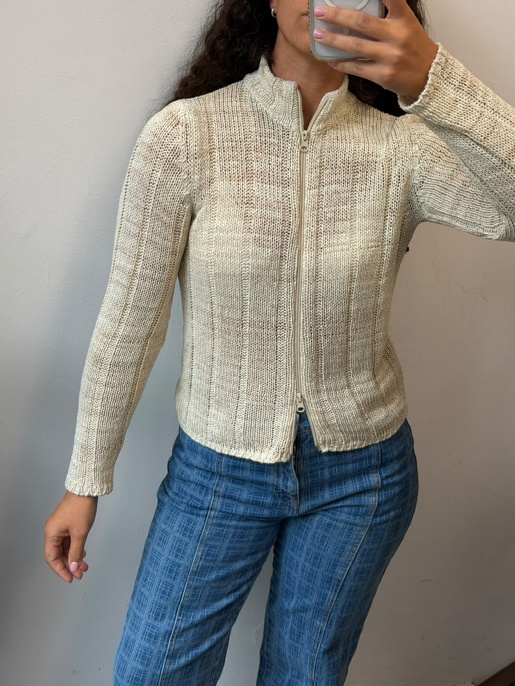 Cream Knit Zip-Up Cardigan Mock Neck Sweater Size S