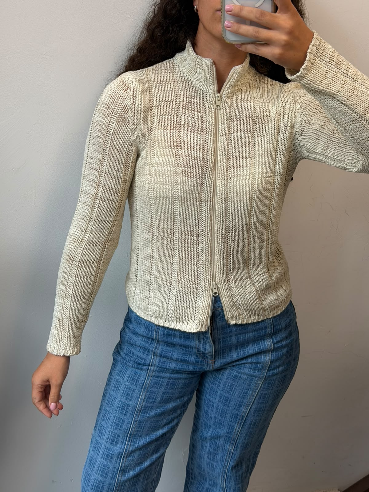 Cream Knit Zip-Up Cardigan Mock Neck Sweater Size S
