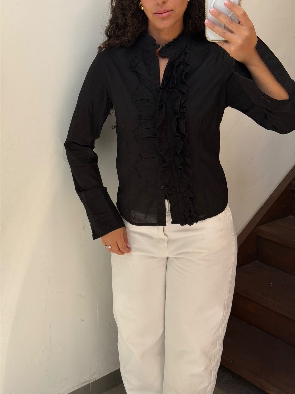 Black Button Up Shirt With Raffles Size M