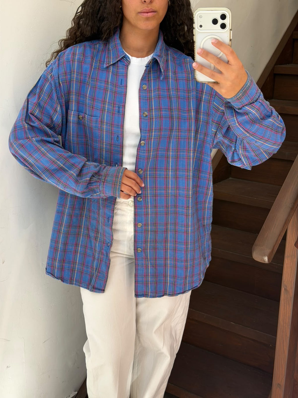 Oversized Blue Plaid Button-Down Shirt Size XL
