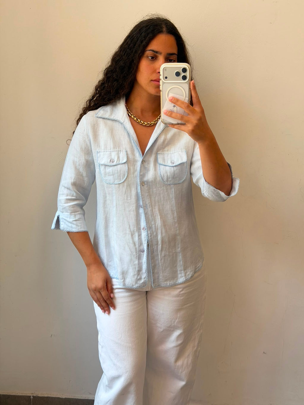 Linen Botton-up shirt in light blue L