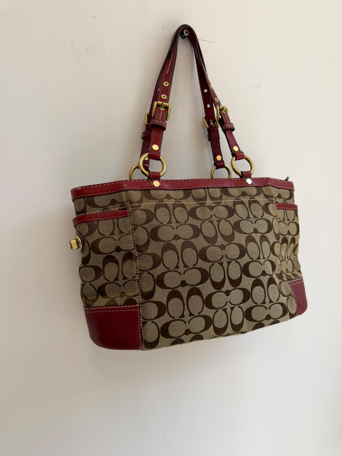 Vintage COACH Signature Hampton Buckle Tote Bag Khaki & Red Leather