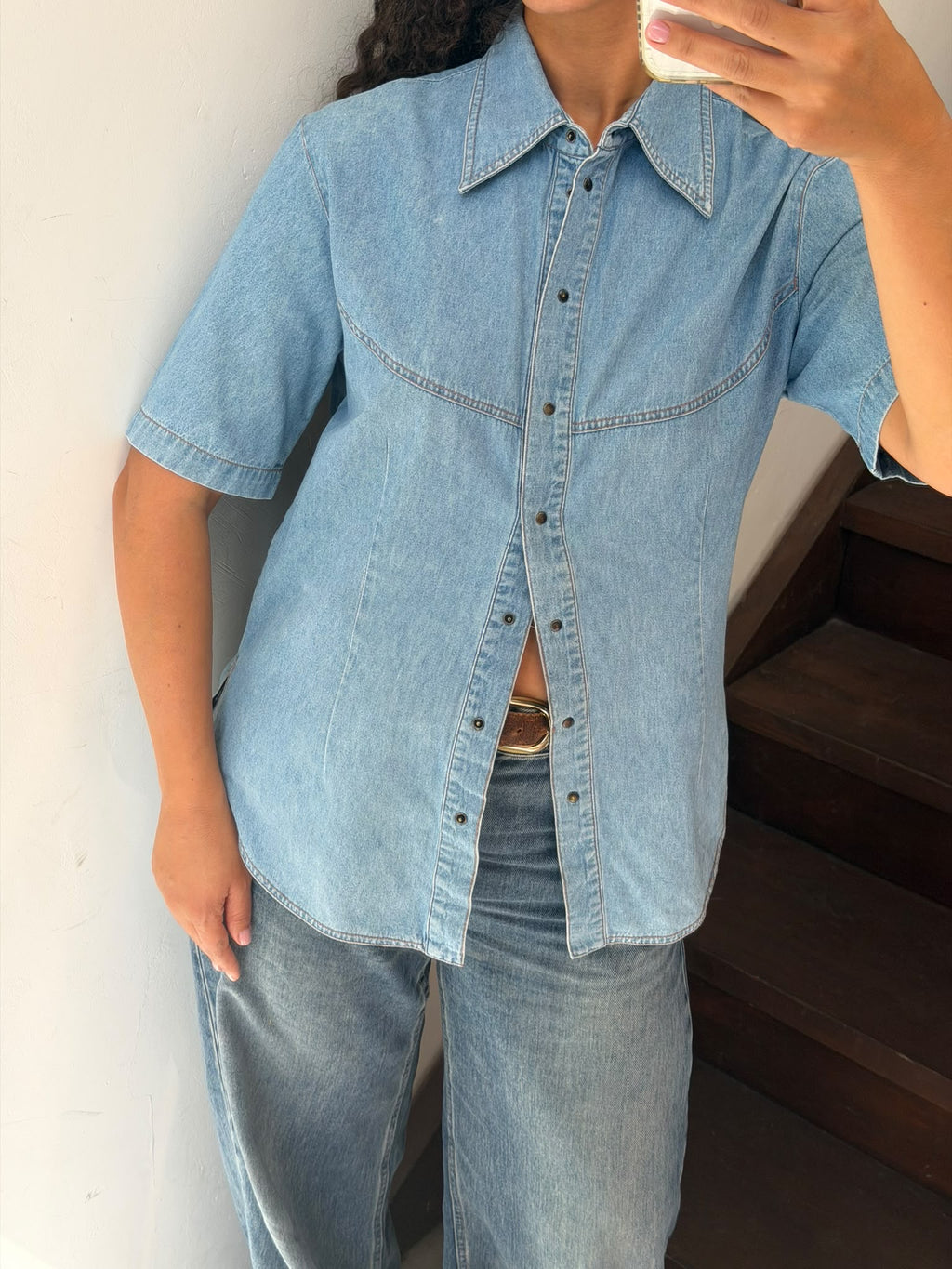 Short Sleeve Western Denim Button Up Shirt Size M