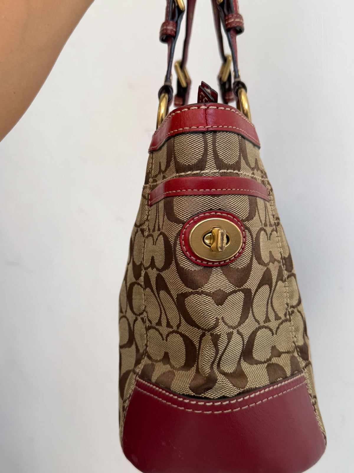 Vintage COACH Signature Hampton Buckle Tote Bag Khaki & Red Leather