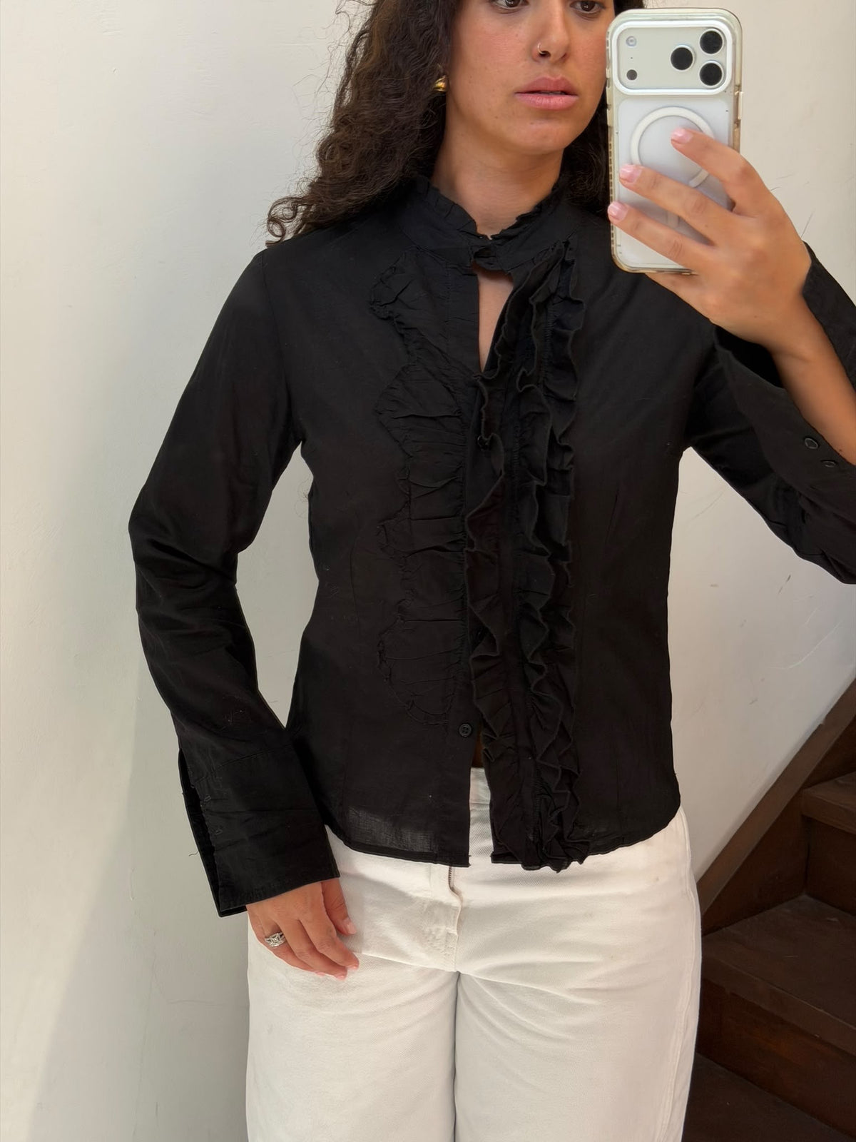 Black Button Up Shirt With Raffles Size M