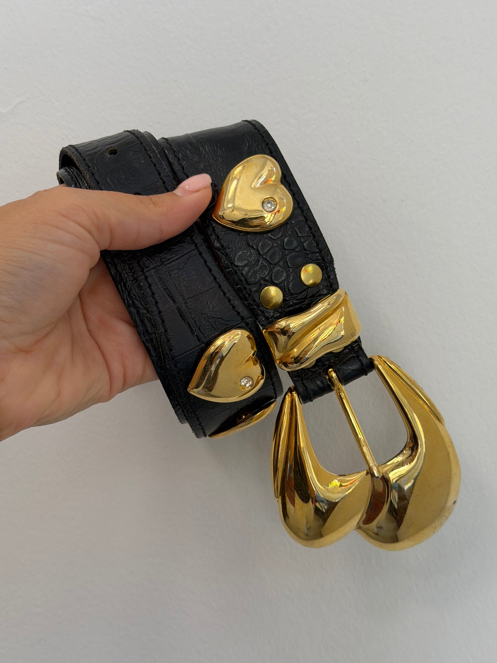 Vintage Black Belt With Chunky Gold Buckle
