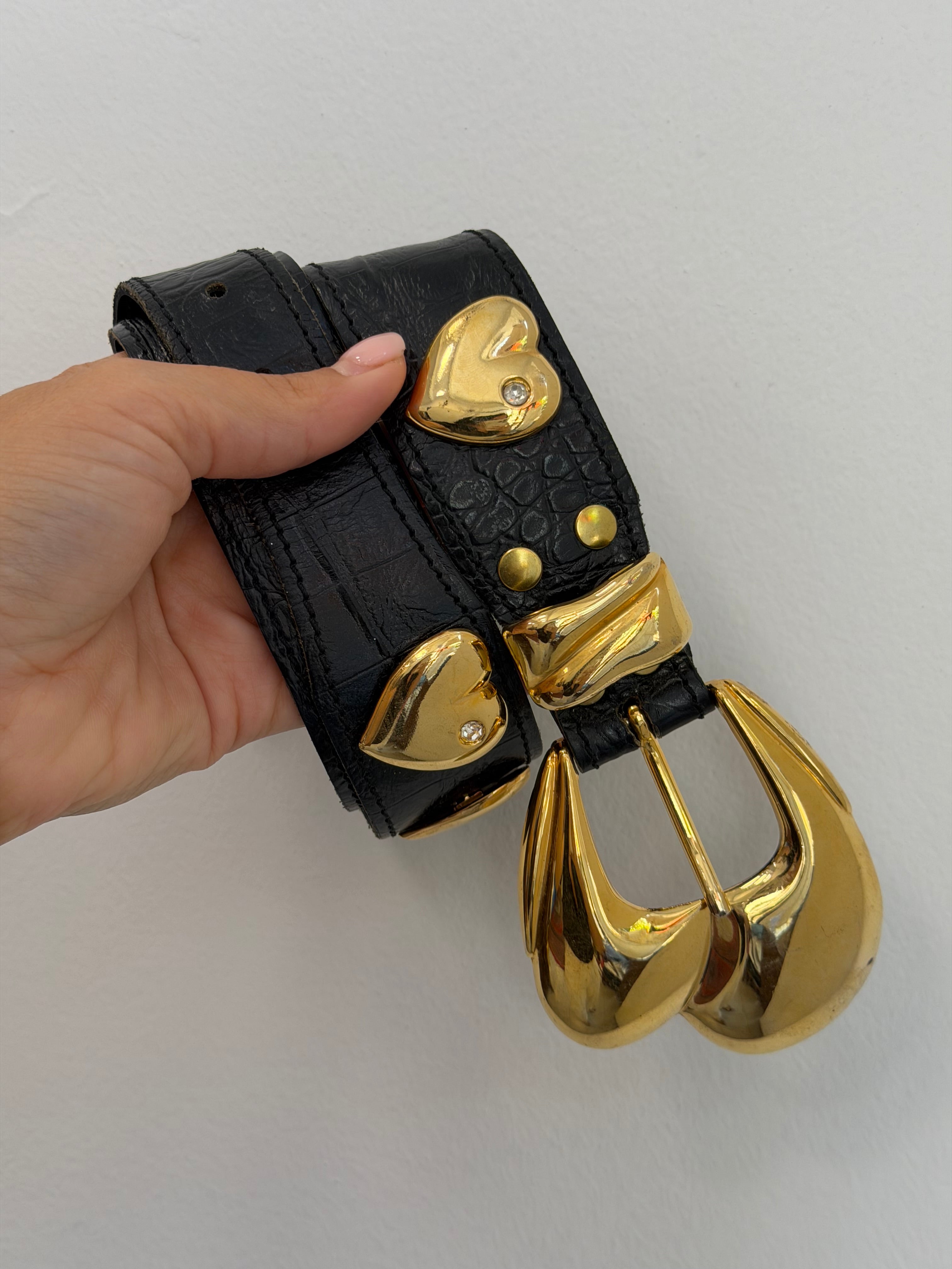Vintage Black Belt With Chunky Gold Buckle