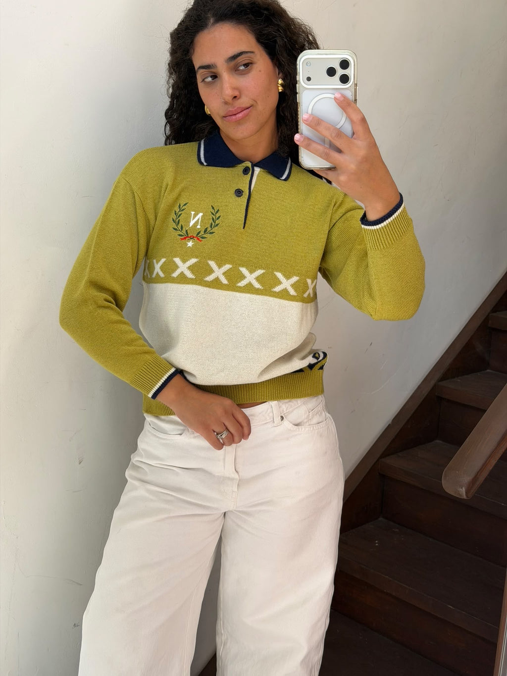 White And Green Polo Sweater With Logo Embroidery Size M