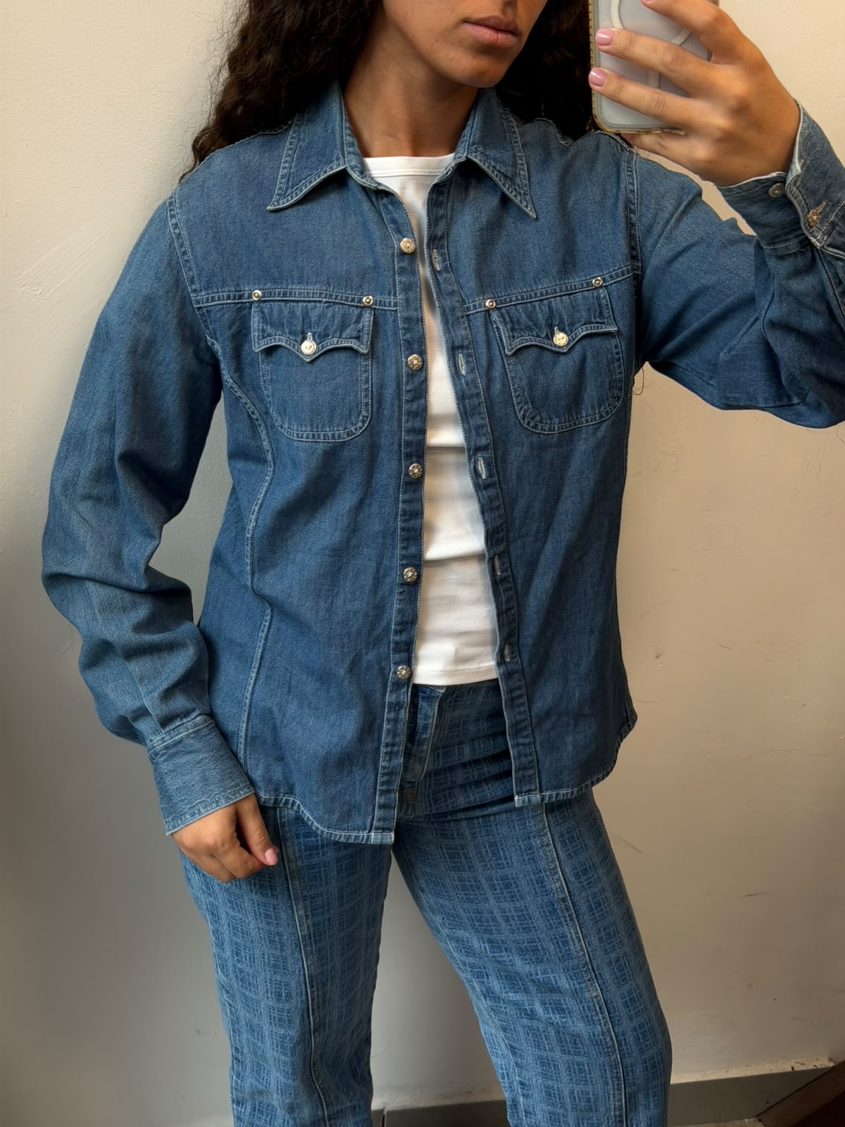 Mid Wash Denim Western Shirt Button Up Jacket Size L