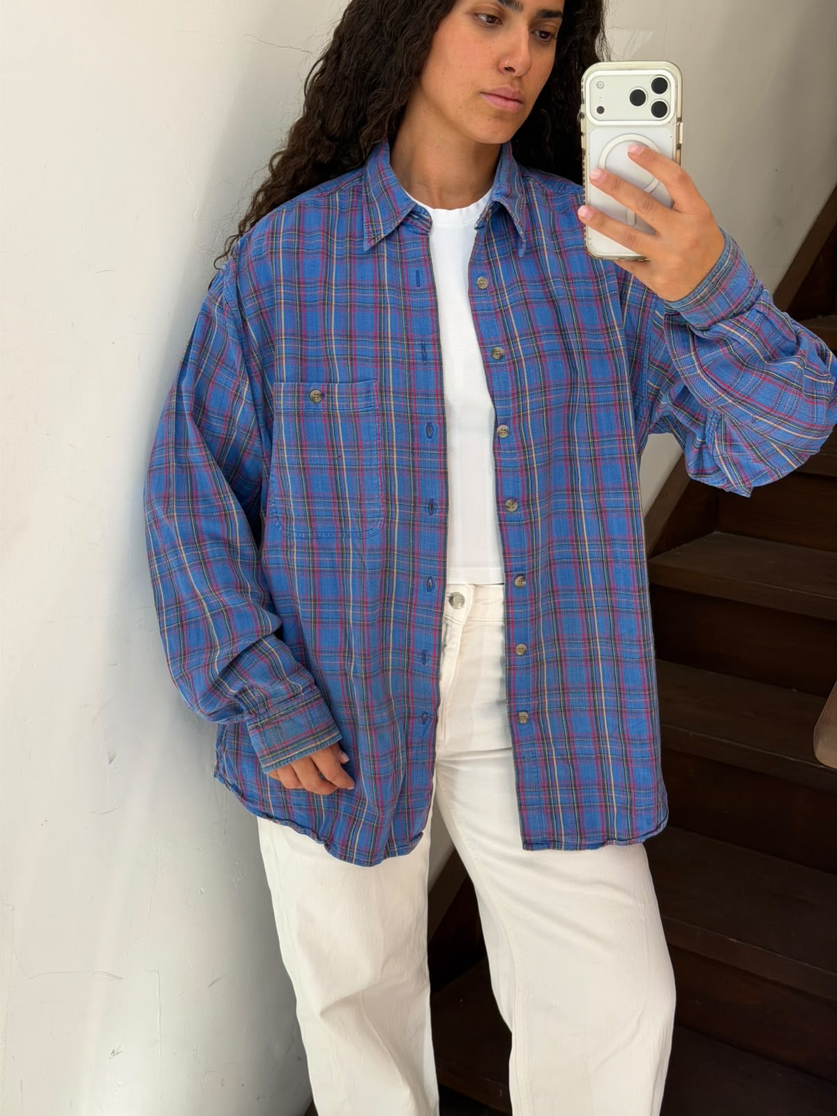 Oversized Blue Plaid Button-Down Shirt Size XL