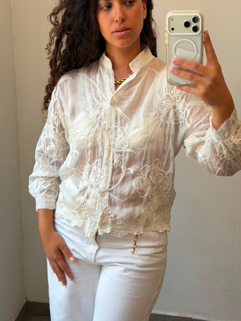 Botton-up see through long sleeve in white S-M