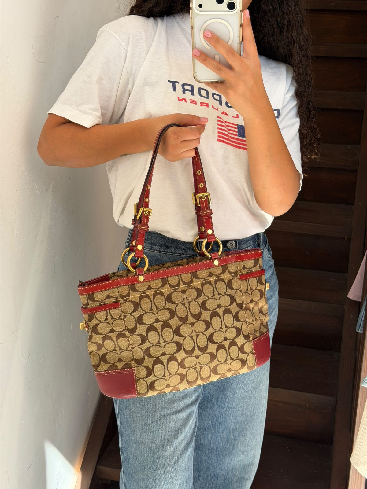 Vintage COACH Signature Hampton Buckle Tote Bag Khaki & Red Leather
