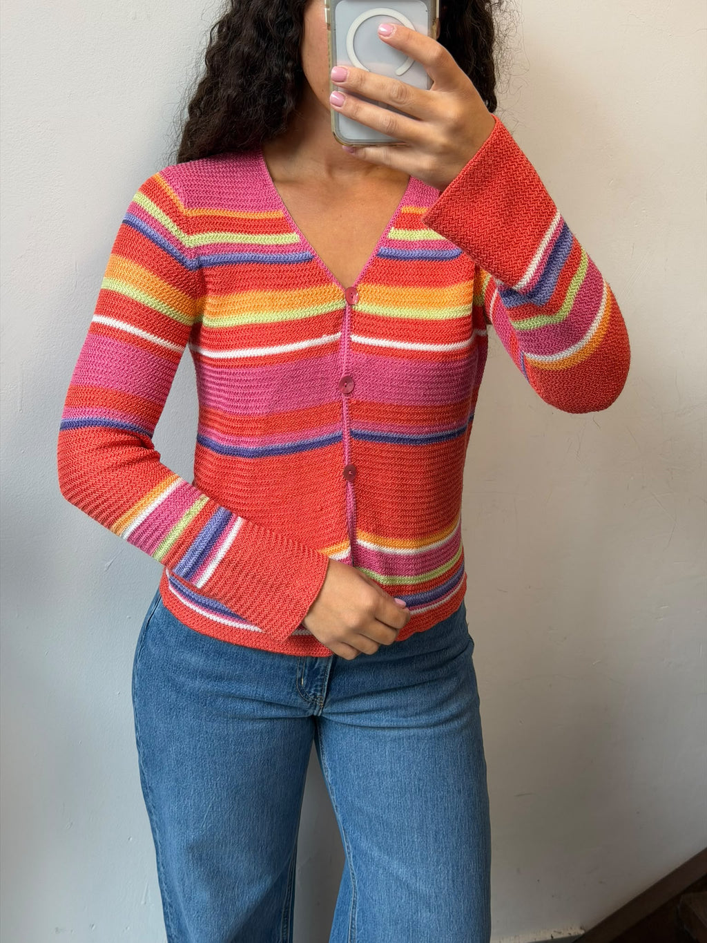 Colorful Striped Knit Cardigan V-Neck Sweater Size S