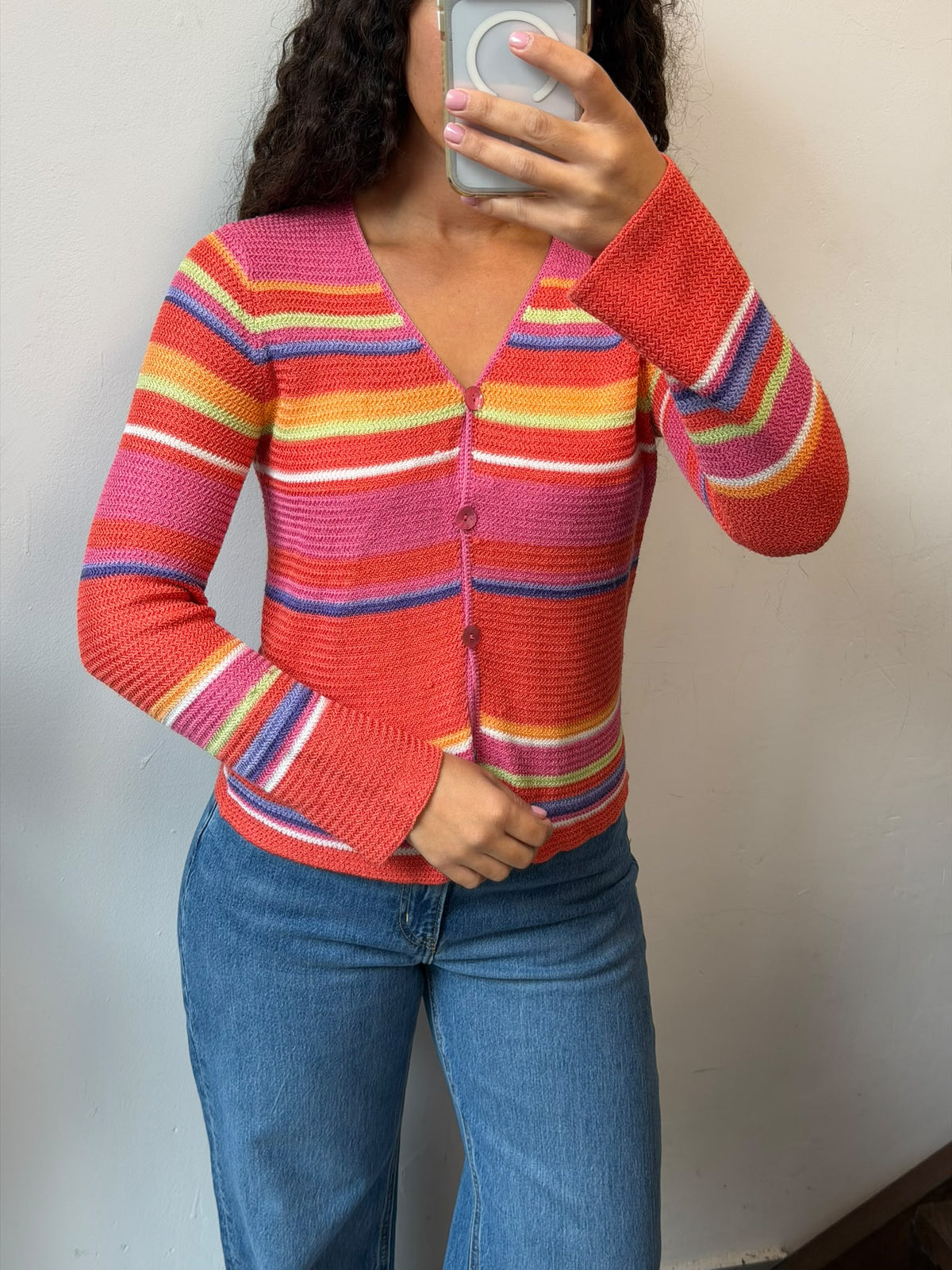 Colorful Striped Knit Cardigan V-Neck Sweater Size S