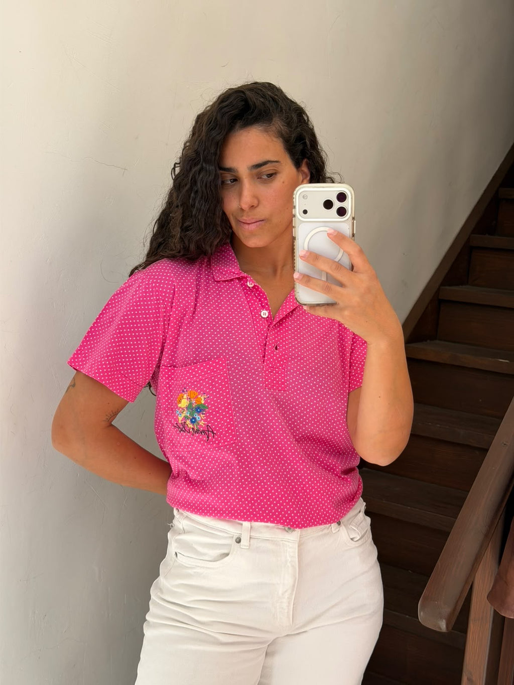Pink Polka Dot Polo Shirt with Floral Embroidered Pocket Size M