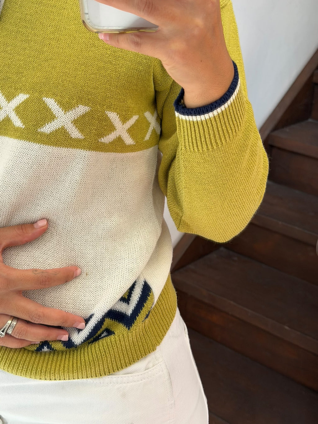 White And Green Polo Sweater With Logo Embroidery Size M