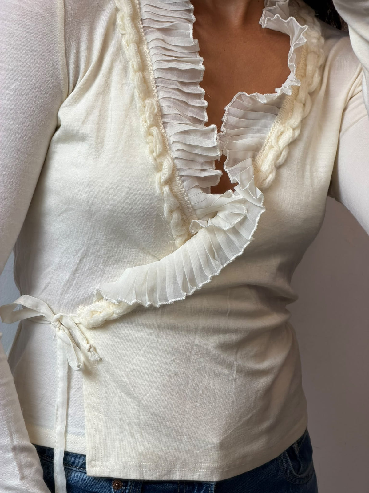 Cream Wrap Top Ruffle Long Sleeve Shirt Size S