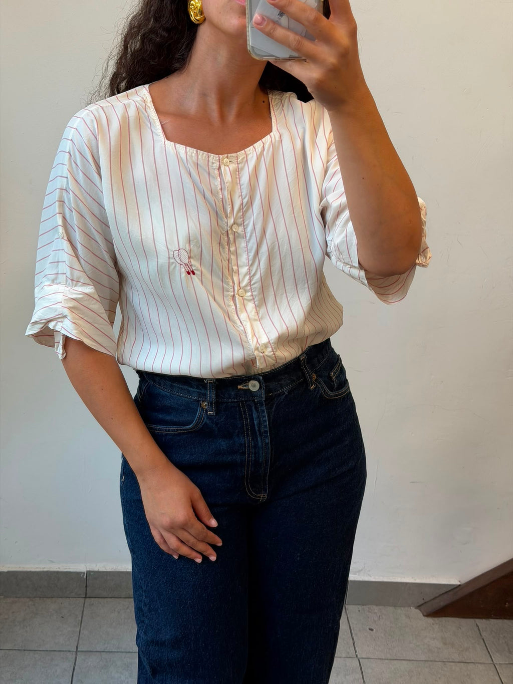 Silk Striped Bottom-up shirt in Cream&Red M