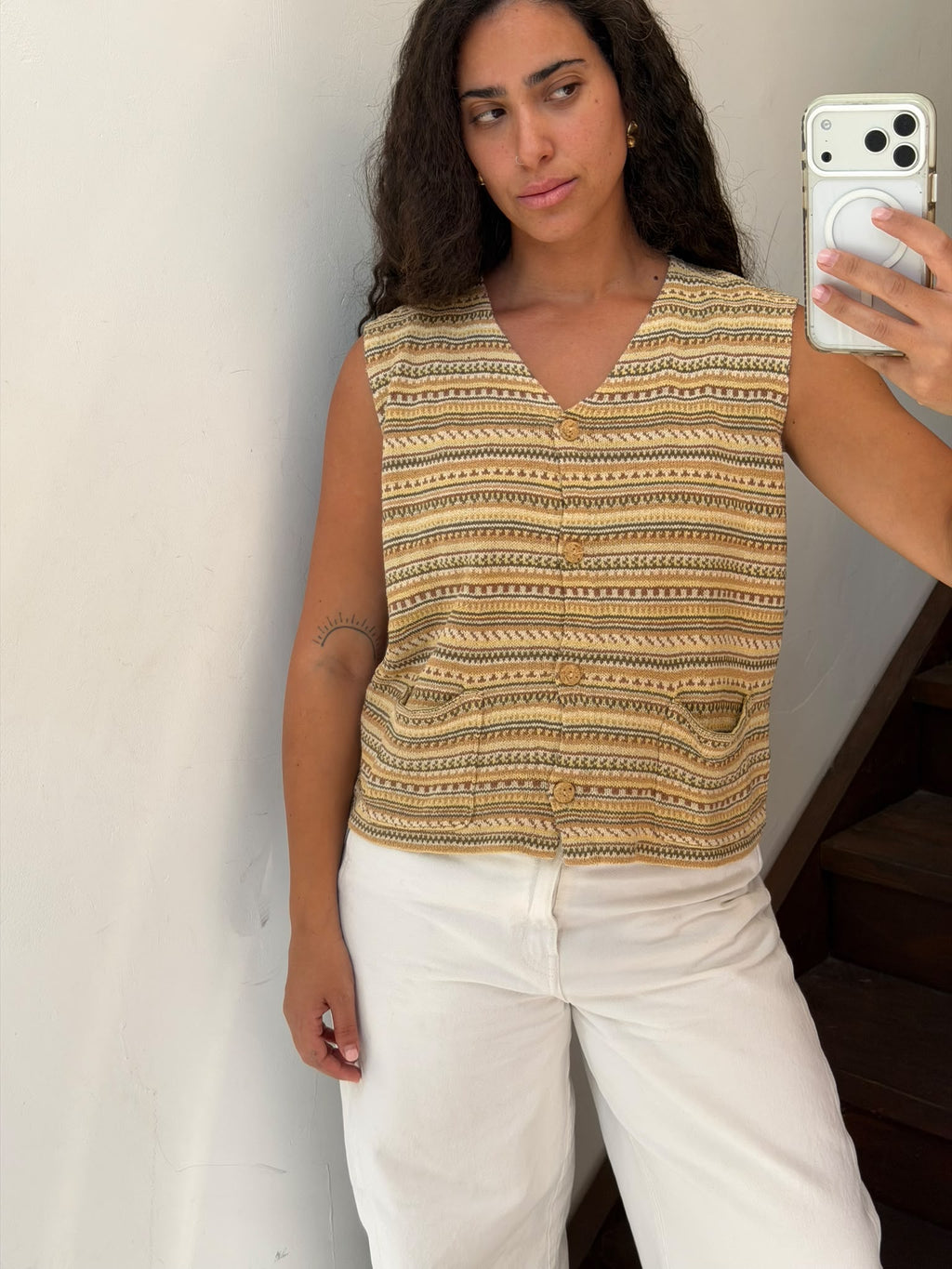 Beige And Brown Striped Button Up Silk Vest Size L
