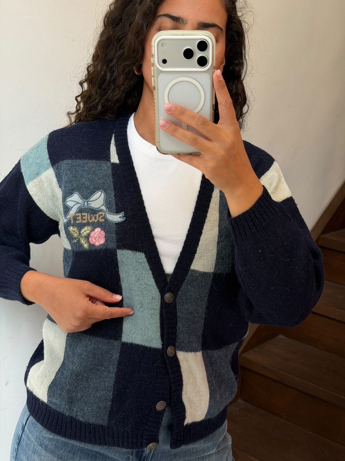 Plaid Button-Down Knit Cardigan Size L