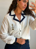 White&Navy Botton-up long sleeve shirt M-L