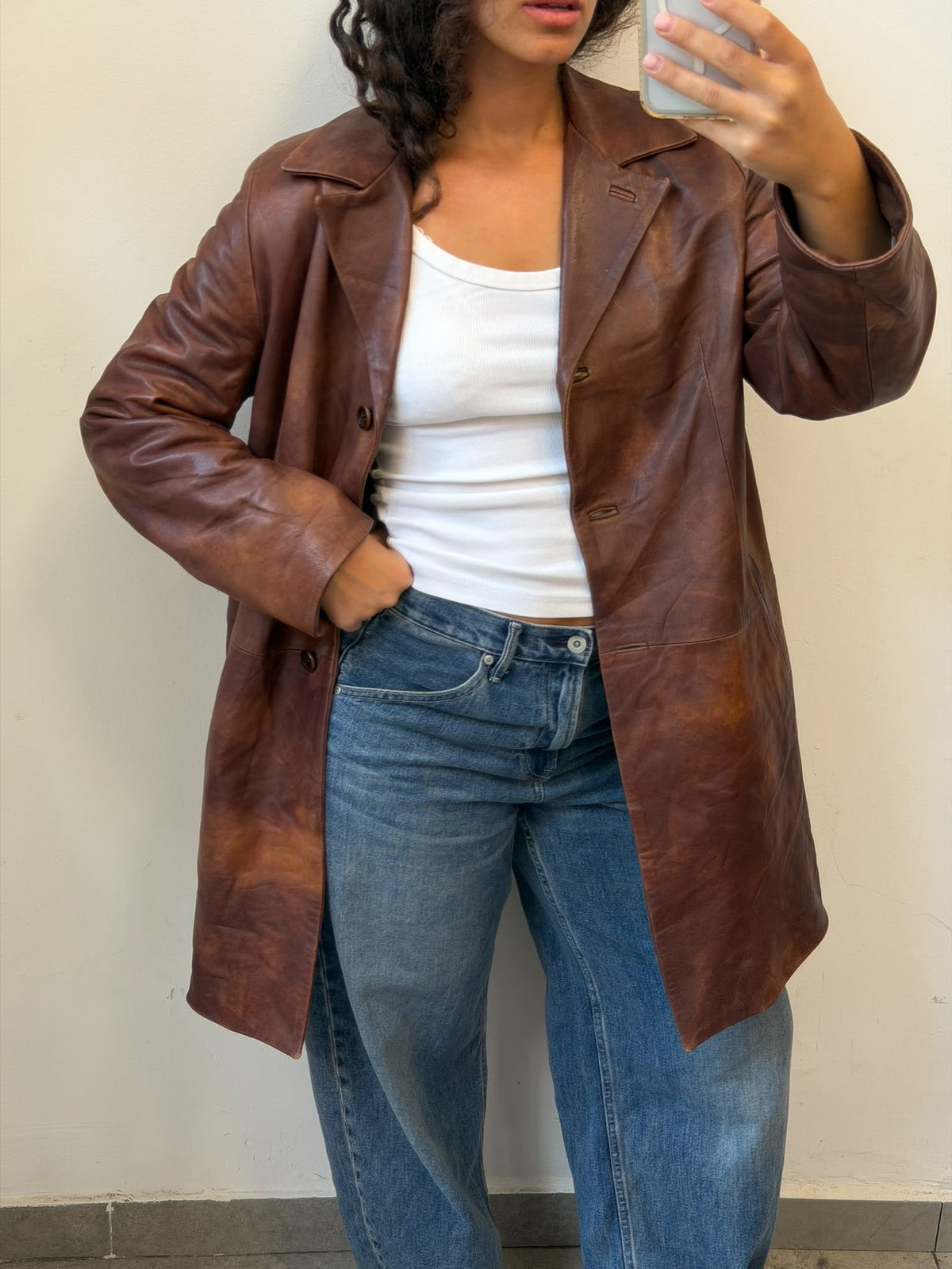 Brown Leather Trench Coat Size L