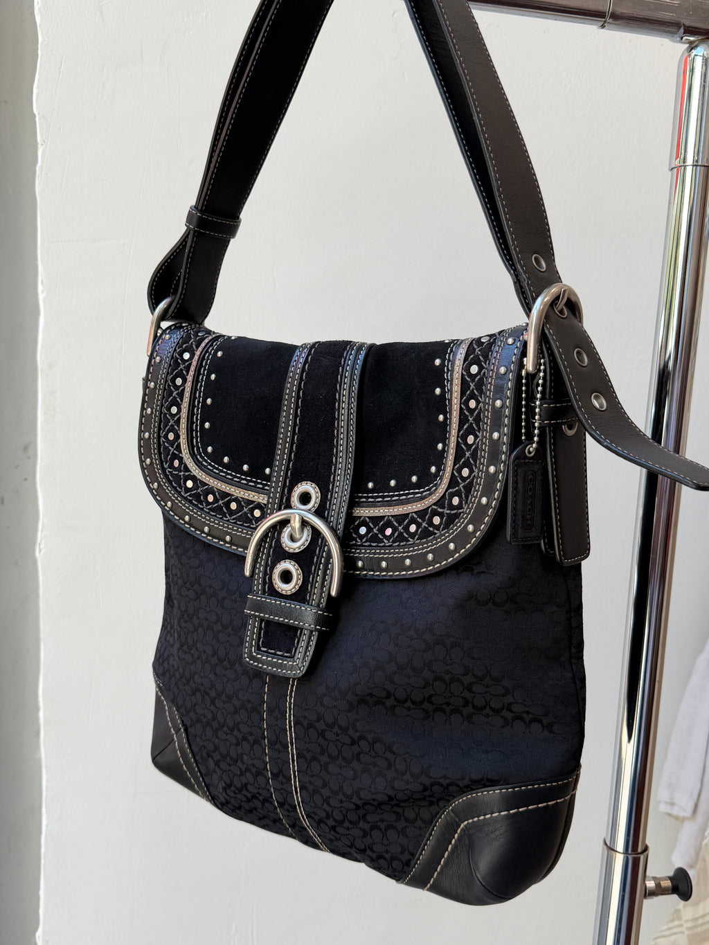 Coach Soho Black Signature C Patchwork w/Rivets Shoulder Bag
