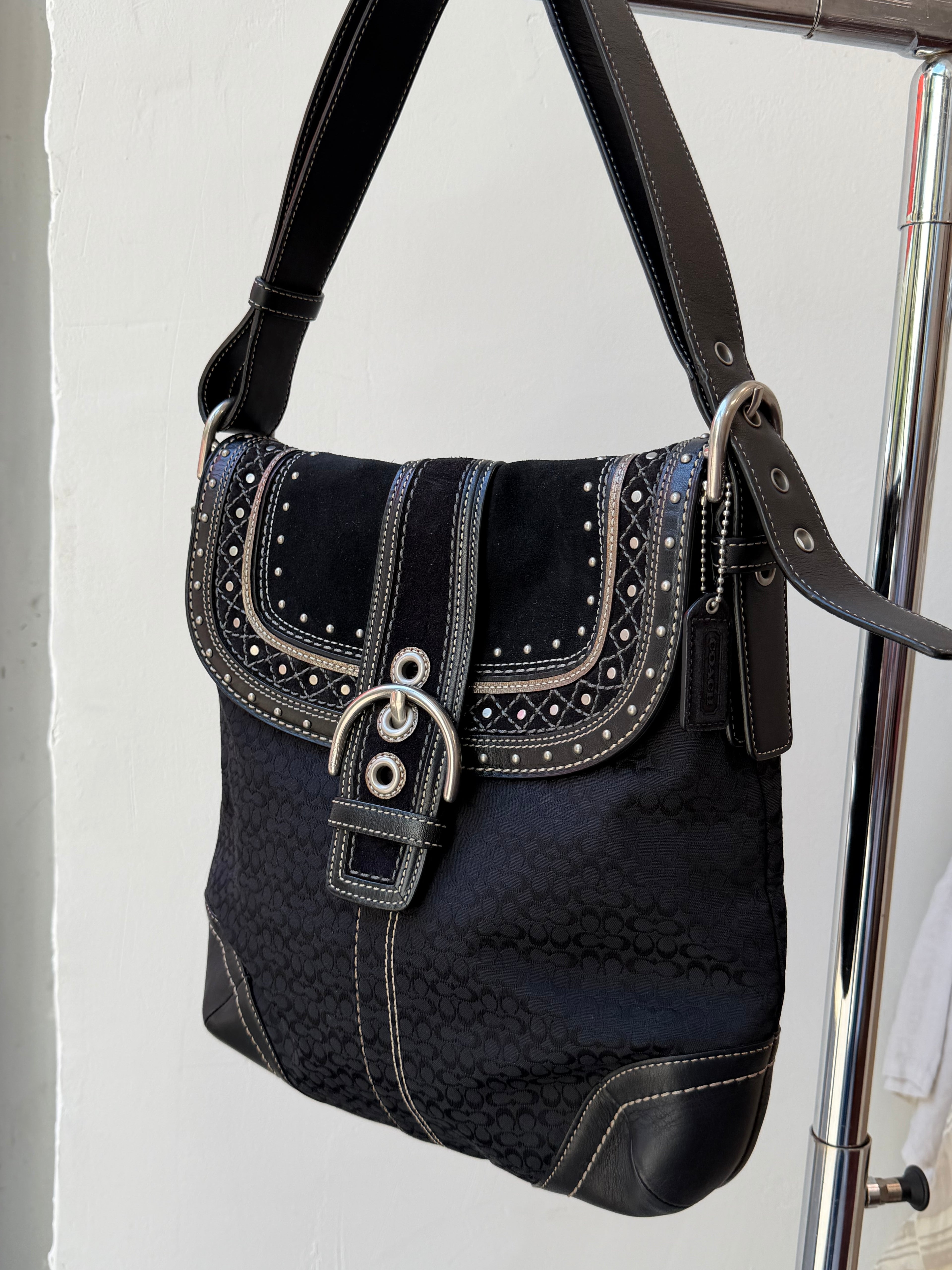 Coach Soho Black Signature C Patchwork w/Rivets Shoulder Bag