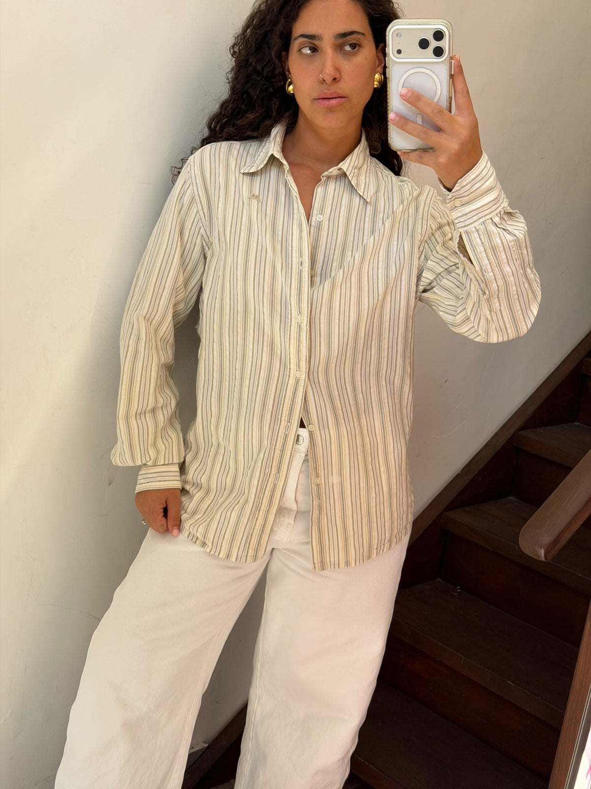 White stripes Button Up Shirt Size L