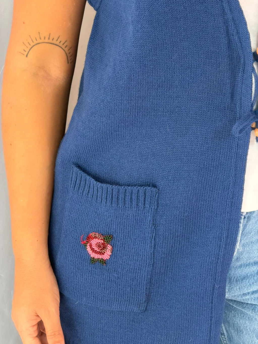 Blue Knit Vest Tie Front Beaded Rose Pocket Cardigan Size L