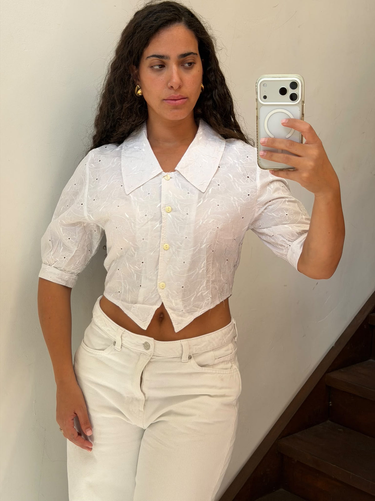 White Button Up Shirt With Flowers Embroidery Size M