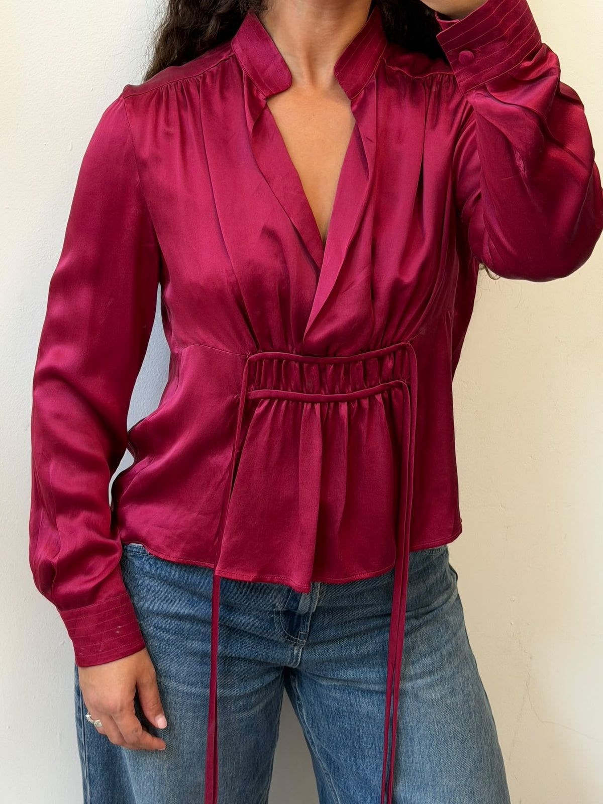 Magenta Satin V-Neck Blouse Size L