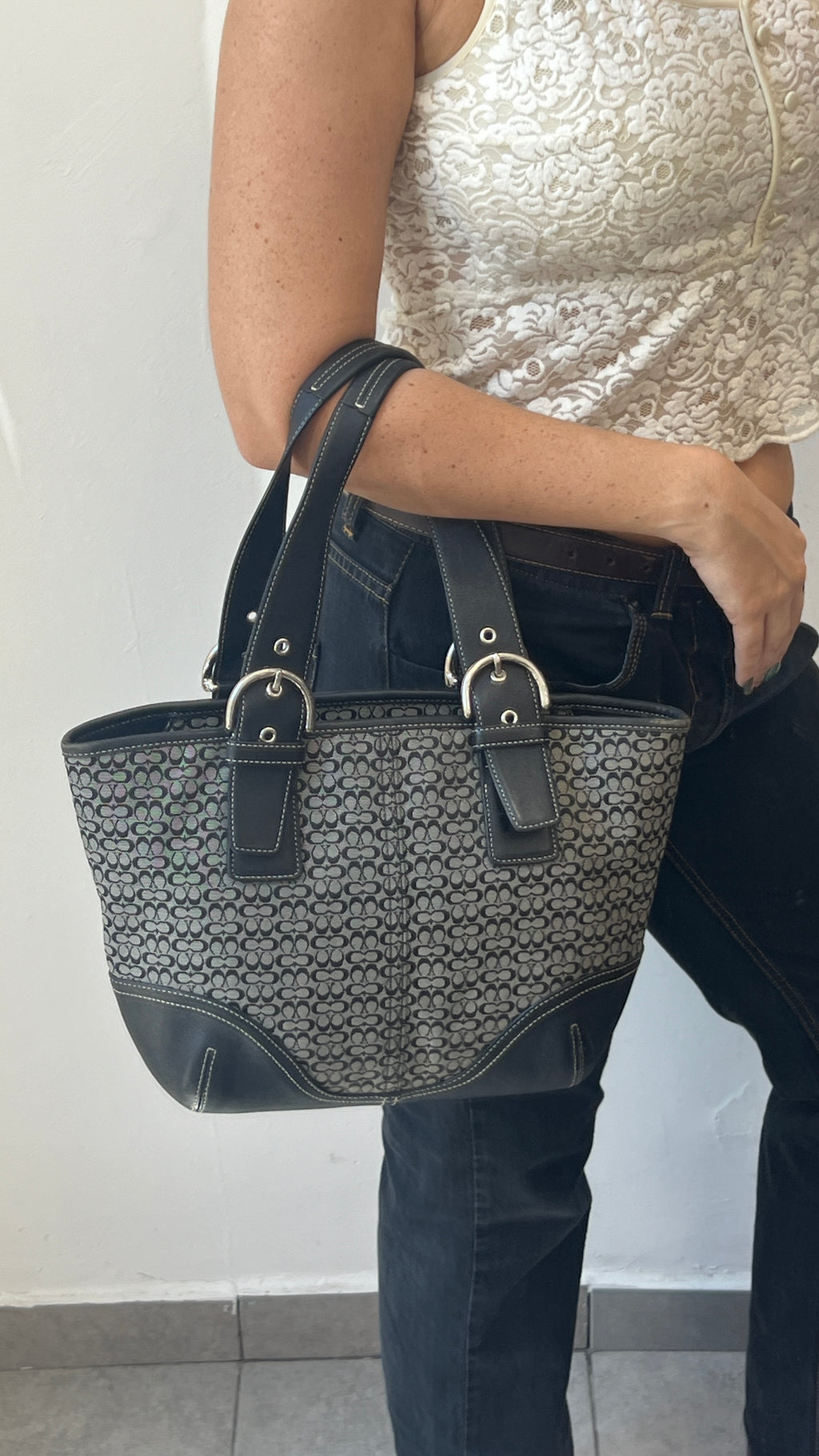 Coach Canvas Mini C Tote in Black-Grey Monogram